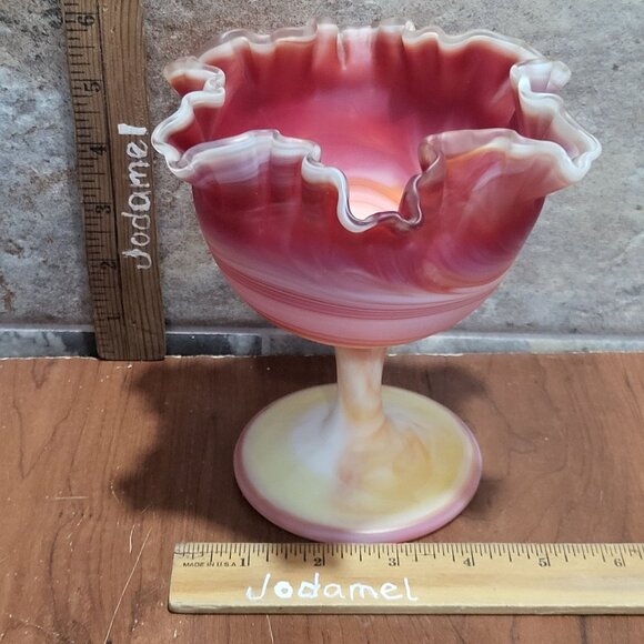 Slag Glass Orange Red Swirl Crimped Candy Trinket Dish - Picture 11 of 11